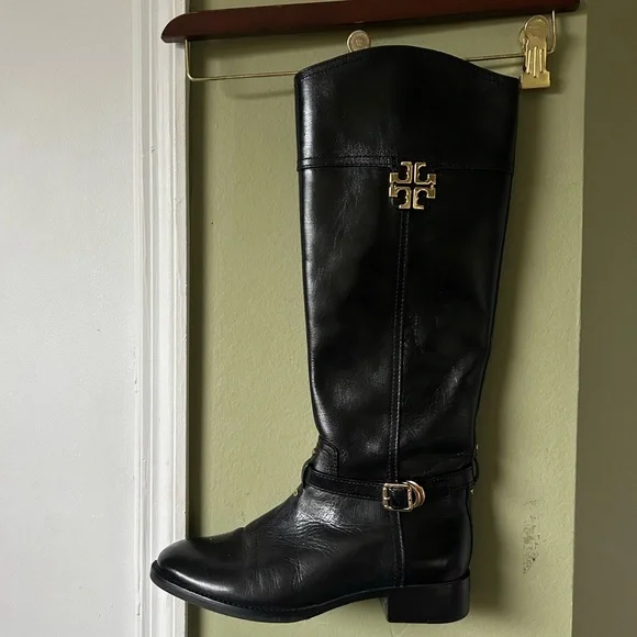 Tory Burch Adeline Women’s Black Leather Riding Boots Sz 8 - Picture 4 of 14